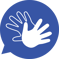 image: British Sign Language icon depicting 2 hands in a blue speech bubble